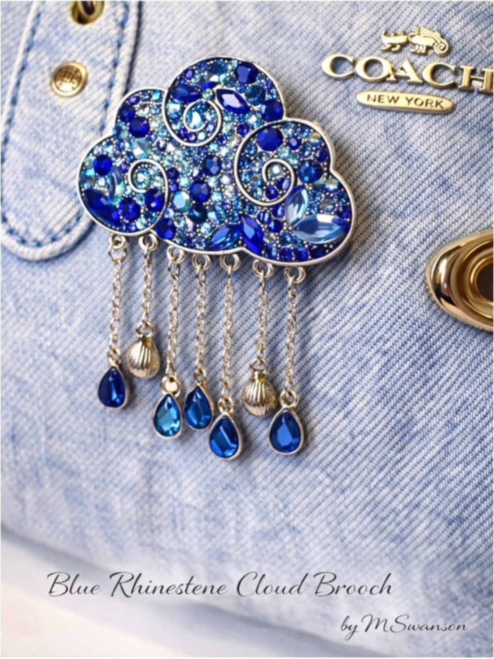 NEW Blue Rhinestone Cloud Brooch Bag Charm Dangle Crystal Statement Pin NWT